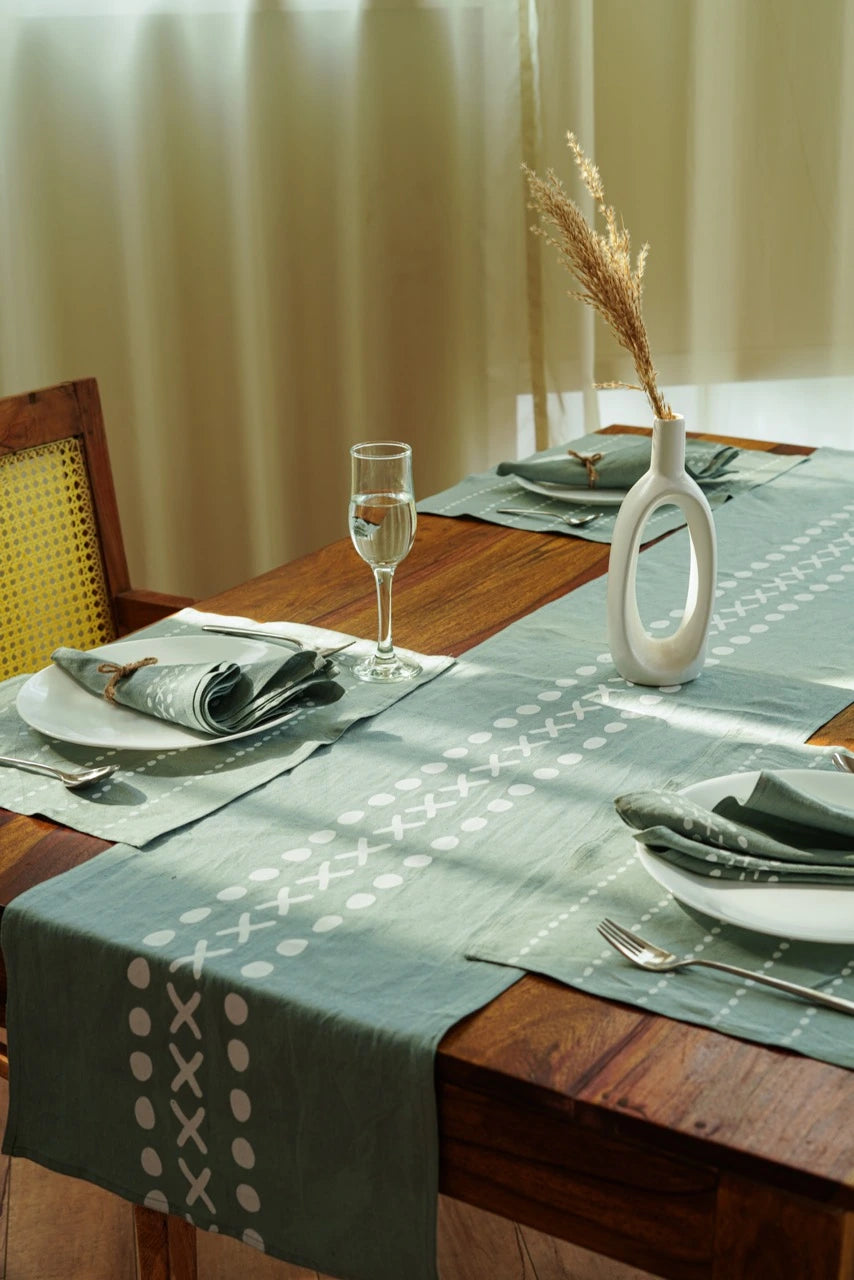 Mint Green Table Runner - Meethu | Block Printed | Pure Hemp