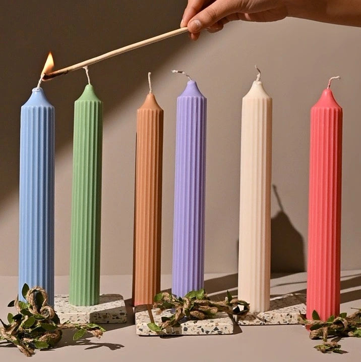 Ribbed Tall Candles | Unscented Soy wax | Available in assorted Colors | Set of 2