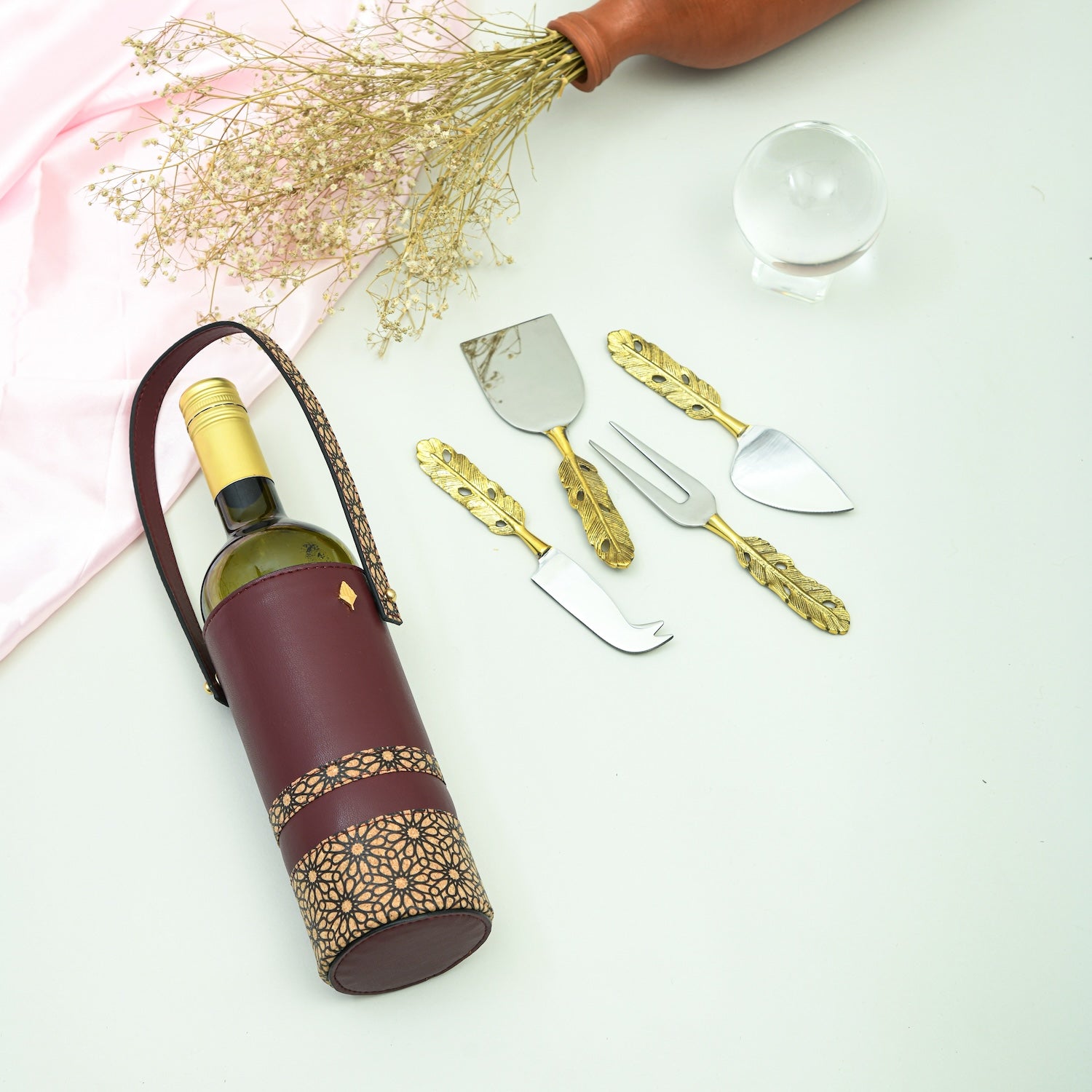 Wine and Cheese Hamper | Vegan leather wine holder with Brass Cheese knives