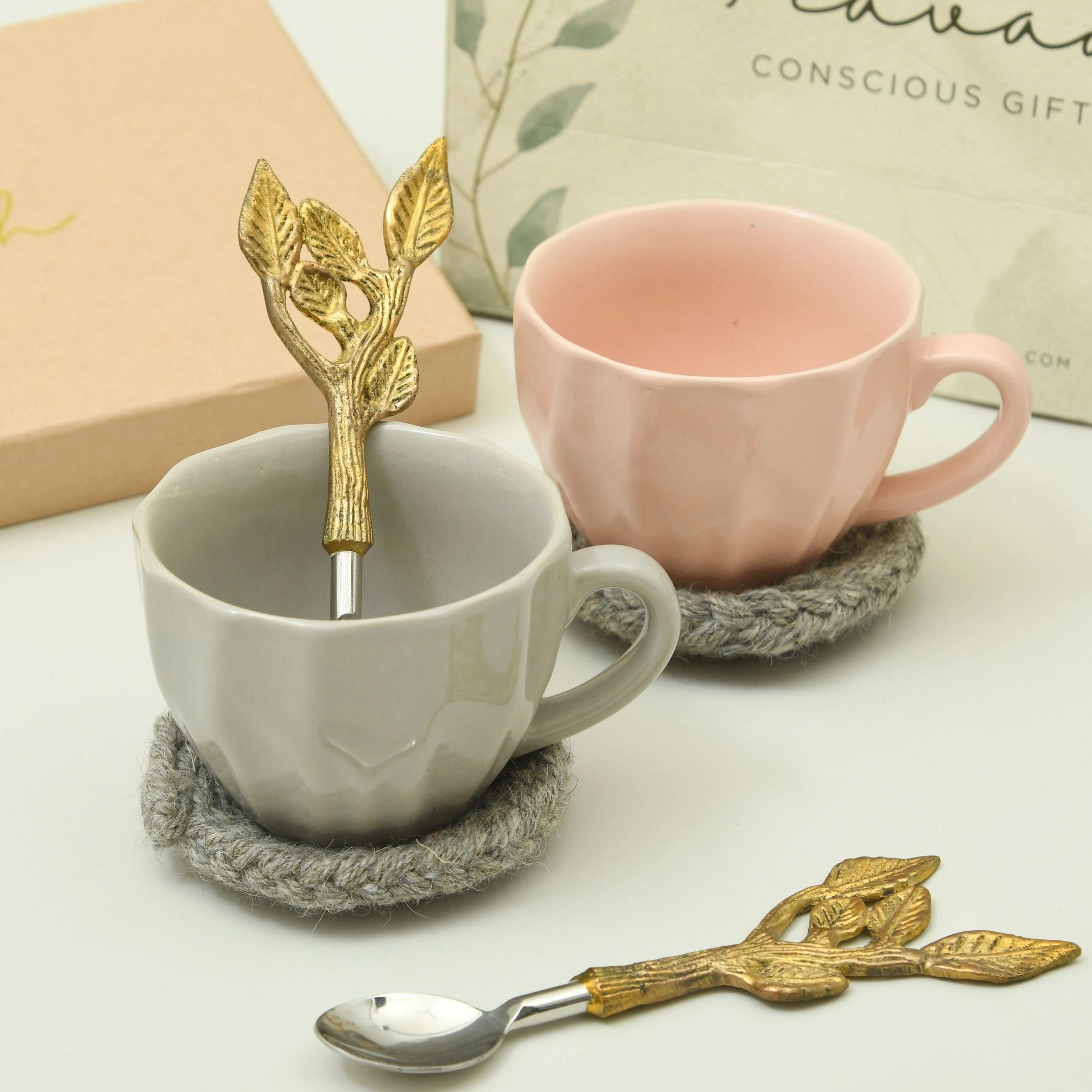 Tea for Two | Cups, coasters and brass spoons | Eco-friendly Gift Hamper